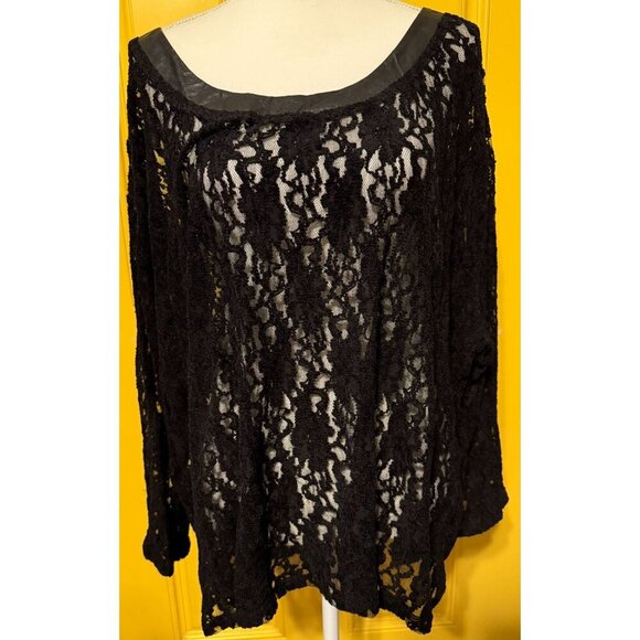 DKNY Jeans Black Lace Top With Faux Leather Trim & Back Zipper Closure 2X - Picture 5 of 5